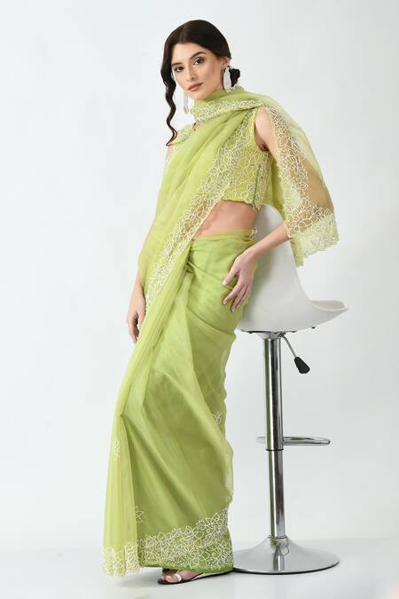 Mehar Yellow Organza Beads Flower Bloom Hand Embroidered Saree at Aza Fashions Mehar_Yellow Organza Beads Flower Bloom Hand Embroidered Saree _at_Aza_Fashions