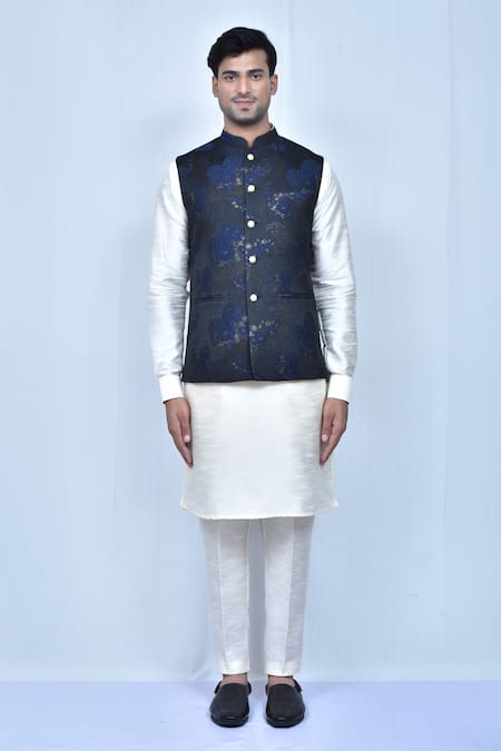 Buy_Arihant Rai Sinha_Blue Silk, Jacquard, Cotton Embroidery Floral Bundi And Kurta Set _Online_at_Aza_Fashions