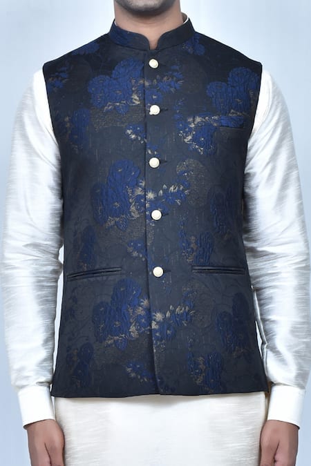 Shop_Arihant Rai Sinha_Blue Silk, Jacquard, Cotton Embroidery Floral Bundi And Kurta Set _Online_at_Aza_Fashions