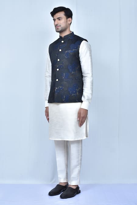 Arihant Rai Sinha_Blue Silk, Jacquard, Cotton Embroidery Floral Bundi And Kurta Set _at_Aza_Fashions