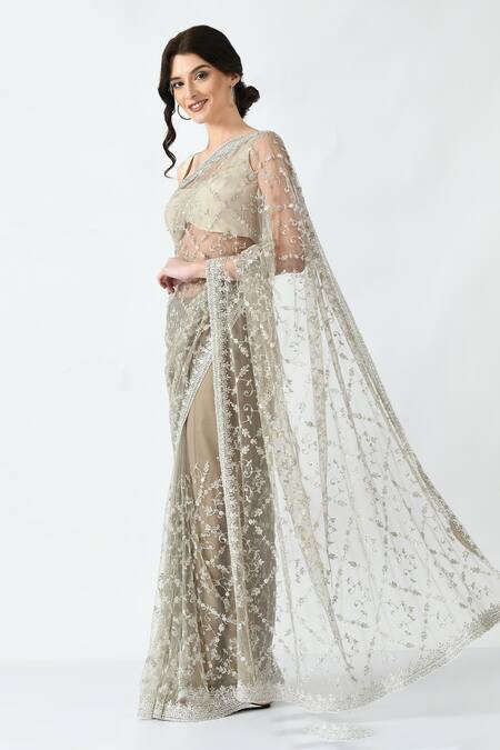 Mehar Beige Net Sequins, Cut Work Flower Motif Hand Embroidered Saree Online at Aza Fashions Mehar_Beige Net Sequins, Cut Work Flower Motif Hand Embroidered Saree _Online_at_Aza_Fashions