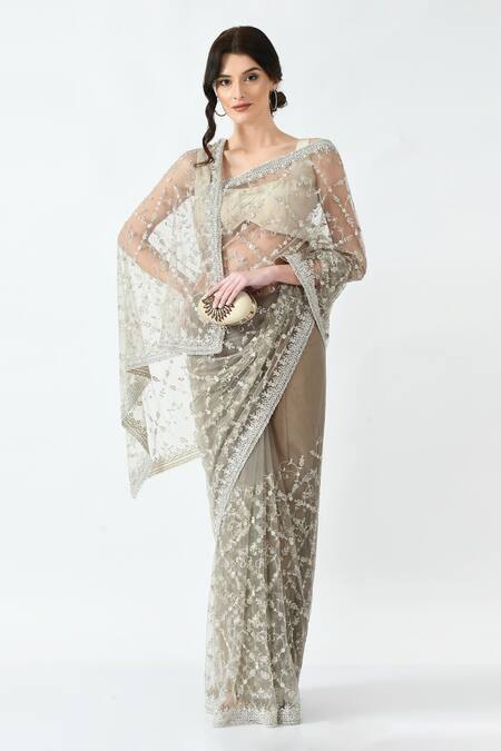 Buy Mehar Beige Net Sequins, Cut Work Flower Motif Hand Embroidered Saree Online at Aza Fashions Buy_Mehar_Beige Net Sequins, Cut Work Flower Motif Hand Embroidered Saree _Online_at_Aza_Fashions