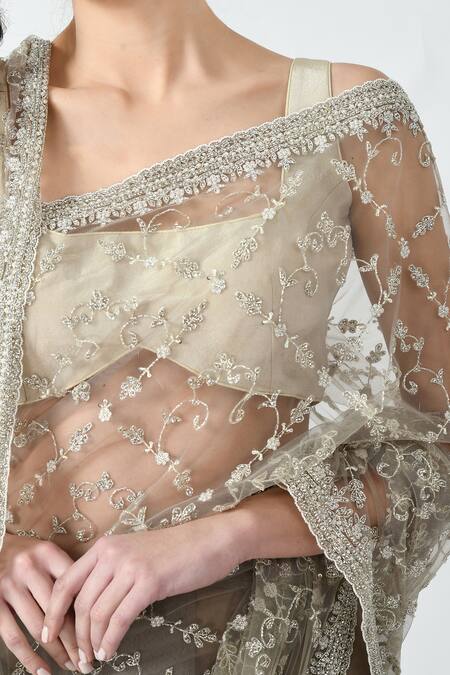 Mehar Beige Net Sequins, Cut Work Flower Motif Hand Embroidered Saree at Aza Fashions Mehar_Beige Net Sequins, Cut Work Flower Motif Hand Embroidered Saree _at_Aza_Fashions