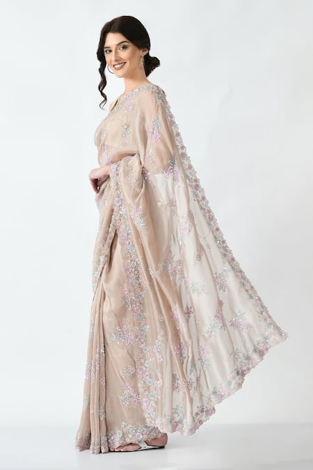 Mehar Beige Organza Sequins, Cut Work Floral Hand Embroidered Saree Online at Aza Fashions Mehar_Beige Organza Sequins, Cut Work Floral Hand Embroidered Saree _Online_at_Aza_Fashions