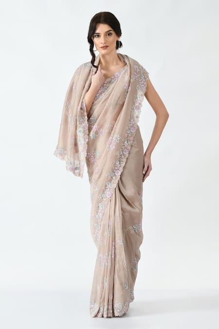 Buy Mehar Beige Organza Sequins, Cut Work Floral Hand Embroidered Saree Online at Aza Fashions Buy_Mehar_Beige Organza Sequins, Cut Work Floral Hand Embroidered Saree _Online_at_Aza_Fashions