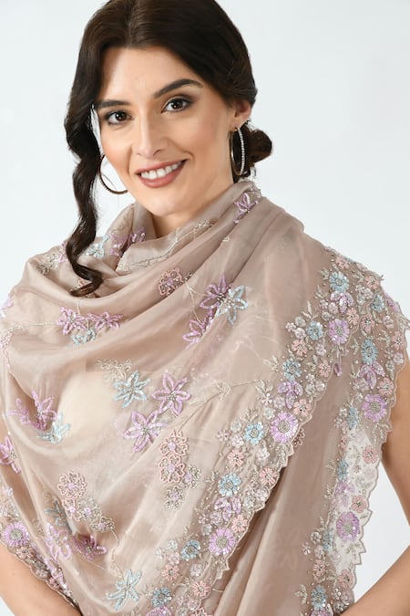 Shop Mehar Beige Organza Sequins, Cut Work Floral Hand Embroidered Saree Online at Aza Fashions Shop_Mehar_Beige Organza Sequins, Cut Work Floral Hand Embroidered Saree _Online_at_Aza_Fashions