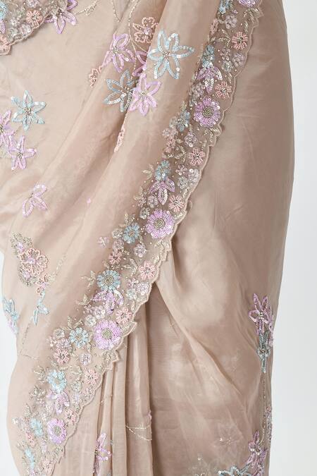Mehar Beige Organza Sequins, Cut Work Floral Hand Embroidered Saree at Aza Fashions Mehar_Beige Organza Sequins, Cut Work Floral Hand Embroidered Saree _at_Aza_Fashions