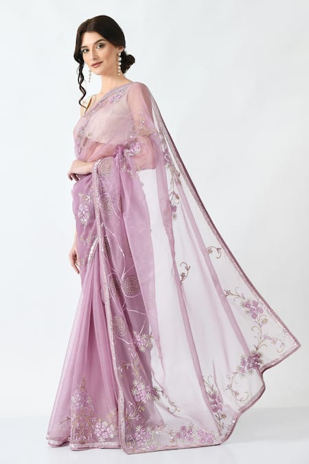 Mehar_Purple Organza Sequins, Beads Floral Saree _Online_at_Aza_Fashions
