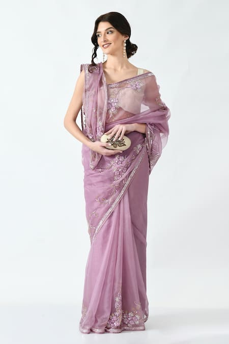 Buy_Mehar_Purple Organza Sequins, Beads Floral Saree _Online_at_Aza_Fashions