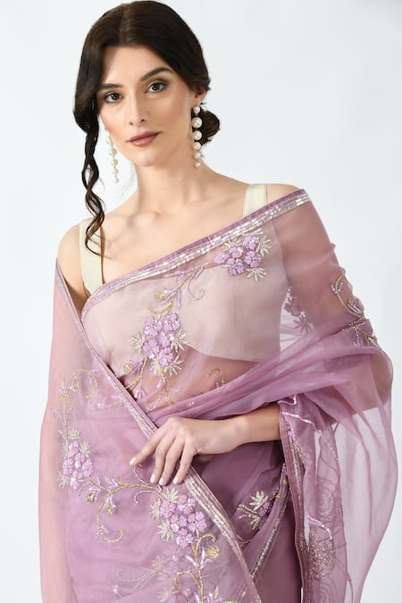 Shop_Mehar_Purple Organza Sequins, Beads Floral Saree _Online_at_Aza_Fashions