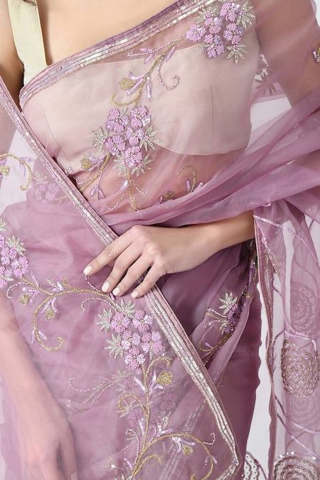 Mehar_Purple Organza Sequins, Beads Floral Saree _at_Aza_Fashions