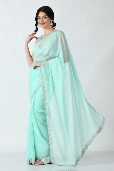 Mehar_Green Organza Cut Work Hand Embroidered Saree _Online_at_Aza_Fashions