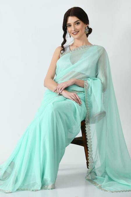 Buy_Mehar_Green Organza Cut Work Hand Embroidered Saree _Online_at_Aza_Fashions