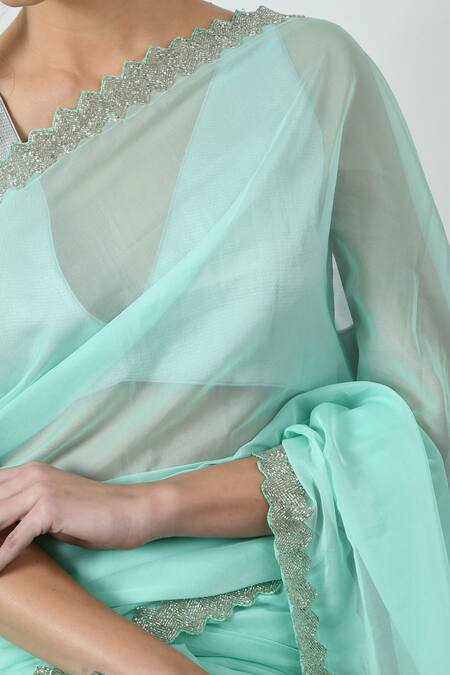 Mehar_Green Organza Cut Work Hand Embroidered Saree _at_Aza_Fashions