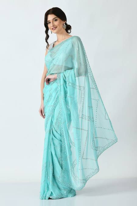 Mehar Blue Organza Cut Work, Sequins Chevron Hand Embroidered Saree Online at Aza Fashions Mehar_Blue Organza Cut Work, Sequins Chevron Hand Embroidered Saree _Online_at_Aza_Fashions
