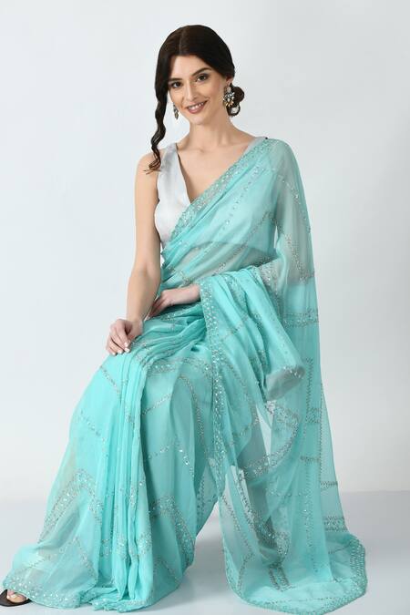 Buy Mehar Blue Organza Cut Work, Sequins Chevron Hand Embroidered Saree Online at Aza Fashions Buy_Mehar_Blue Organza Cut Work, Sequins Chevron Hand Embroidered Saree _Online_at_Aza_Fashions