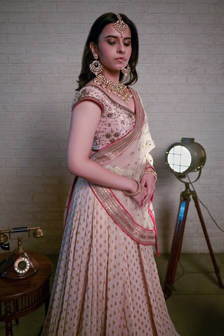 Shop Priti Sahni Pink Silk, Georgette, Tulle Sequins, Zari Sweetheart Embroidered Lehenga Set Online at Aza Fashions Shop_Priti Sahni_Pink Silk, Georgette, Tulle Sequins, Zari Sweetheart Embroidered Lehenga Set _Online_at_Aza_Fashions