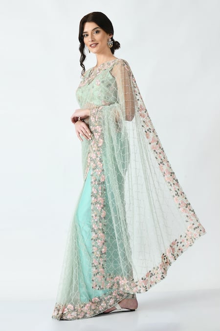 Mehar Green Net Cut Work, Sequins Quatrefoil Hand Embroidered Saree Online at Aza Fashions Mehar_Green Net Cut Work, Sequins Quatrefoil Hand Embroidered Saree _Online_at_Aza_Fashions