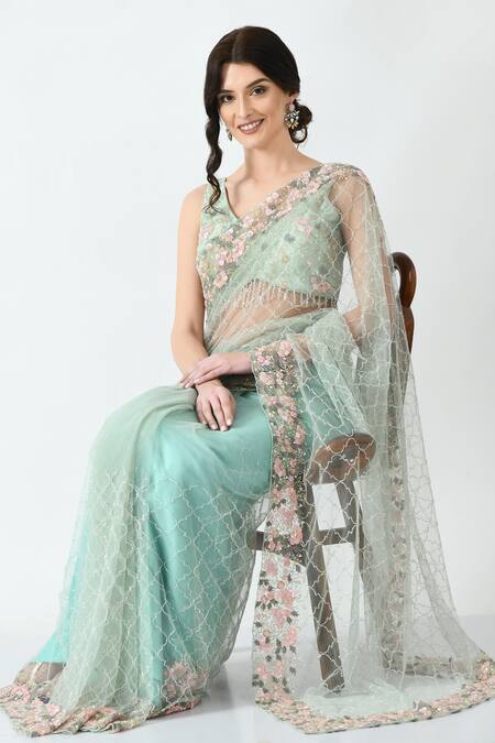 Buy Mehar Green Net Cut Work, Sequins Quatrefoil Hand Embroidered Saree Online at Aza Fashions Buy_Mehar_Green Net Cut Work, Sequins Quatrefoil Hand Embroidered Saree _Online_at_Aza_Fashions