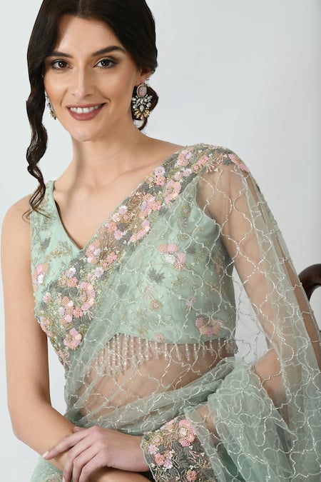 Mehar Green Net Cut Work, Sequins Quatrefoil Hand Embroidered Saree at Aza Fashions Mehar_Green Net Cut Work, Sequins Quatrefoil Hand Embroidered Saree _at_Aza_Fashions