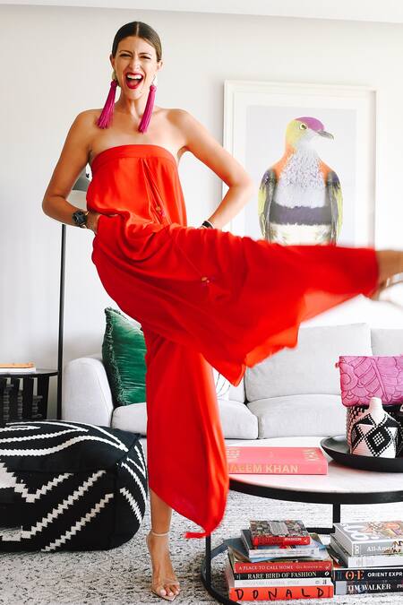 Shop_Style Junkiie_Red Georgette Tassels Square Neck Ornamented Asymmetric Hem Jumpsuit _Online_at_Aza_Fashions