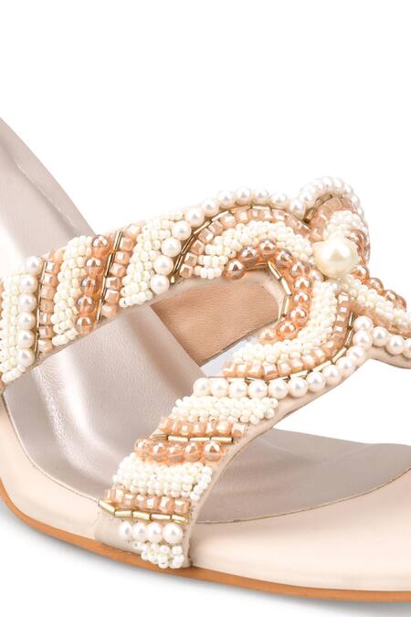 Buy Kaltheos Cream Embellished Pearls And Bead Hourglass Heels Buy_Kaltheos_Cream Embellished Pearls And Bead Hourglass Heels