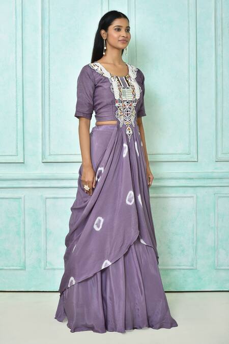 Buy_Samyukta Singhania_Purple Lehenga Chinon Chiffon, Top Russian Embroidered Asymmetric Blouse With_Online_at_Aza_Fashions