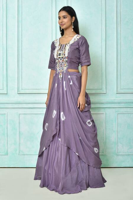 Samyukta Singhania_Purple Lehenga Chinon Chiffon, Top Russian Embroidered Asymmetric Blouse With_Online_at_Aza_Fashions