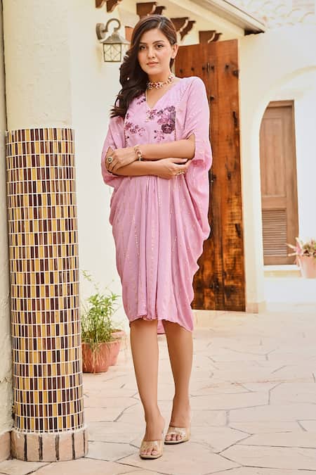 Shop_Palak & Mehak_Pink Rayon, Lurex Embroidery V-neck Aaliyah Stripe Print Kaftan Dress _Online_at_Aza_Fashions