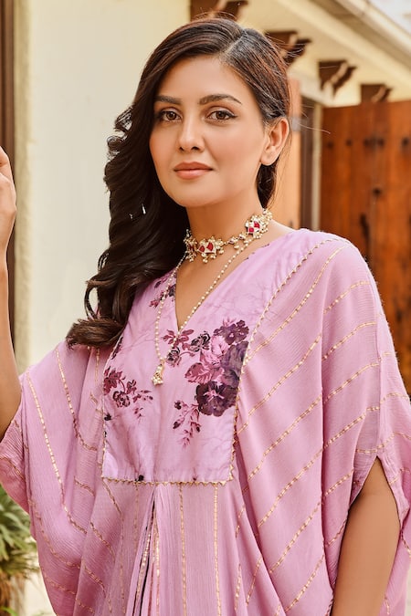 Palak & Mehak_Pink Rayon, Lurex Embroidery V-neck Aaliyah Stripe Print Kaftan Dress _at_Aza_Fashions