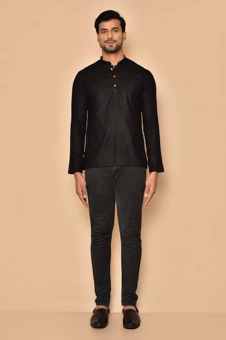 Arihant Rai Sinha Black Cotton Full Sleeve Plain Short Kurta Online at Aza Fashions Arihant Rai Sinha_Black Cotton Full Sleeve Plain Short Kurta _Online_at_Aza_Fashions