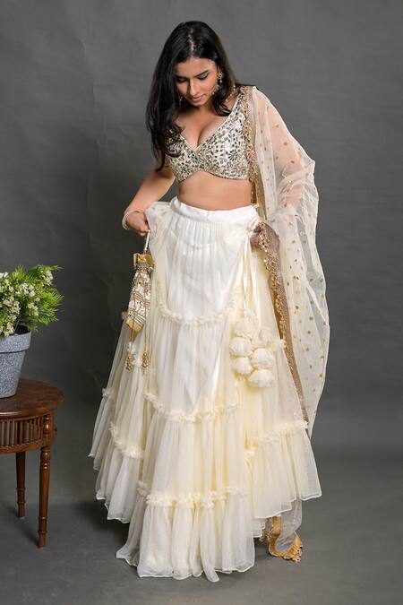 Priti Sahni_Ivory Silk, Tulle Sequins, Embellished Mirrorwork Blouse With Tiered Lehenga Set _Online_at_Aza_Fashions