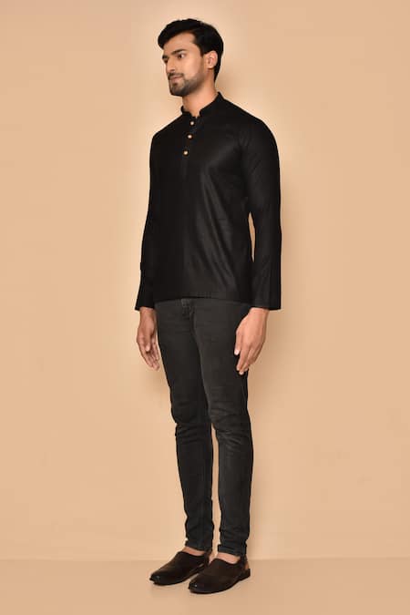 Shop Arihant Rai Sinha Black Cotton Full Sleeve Plain Short Kurta Online at Aza Fashions Shop_Arihant Rai Sinha_Black Cotton Full Sleeve Plain Short Kurta _Online_at_Aza_Fashions
