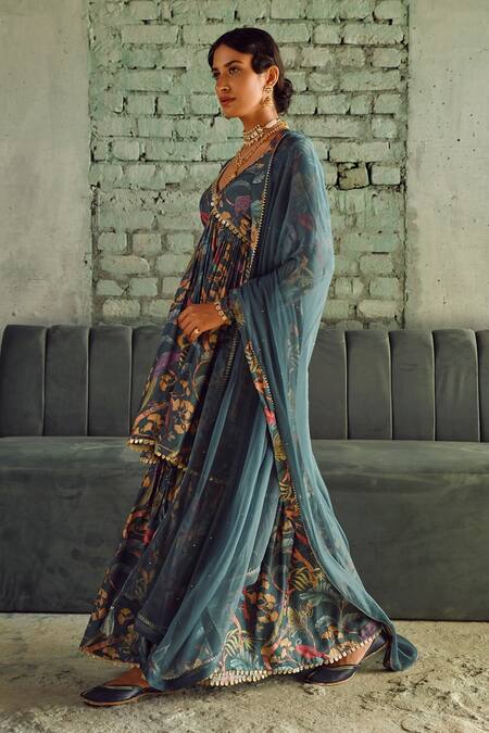 Karaj Jaipur_Grey Muslin, Chiffon Lace, Tassels Botanical Print Flared Kurta Sharara Set_Online_at_Aza_Fashions