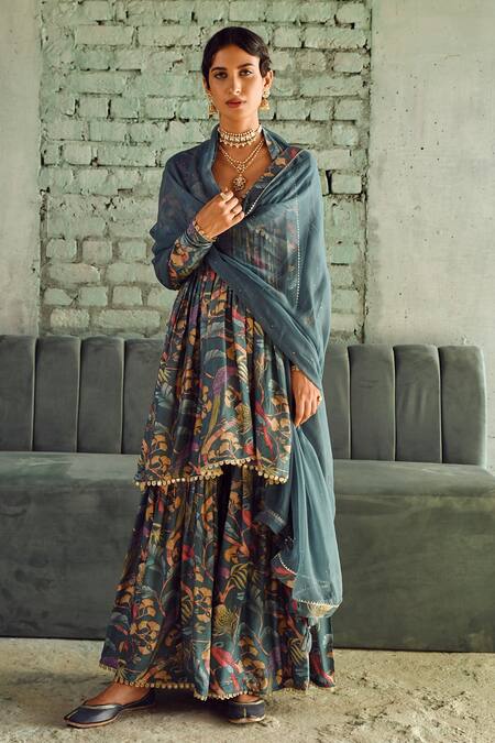 Buy_Karaj Jaipur_Grey Muslin, Chiffon Lace, Tassels Botanical Print Flared Kurta Sharara Set_Online_at_Aza_Fashions