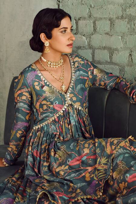 Shop_Karaj Jaipur_Grey Muslin, Chiffon Lace, Tassels Botanical Print Flared Kurta Sharara Set_Online_at_Aza_Fashions