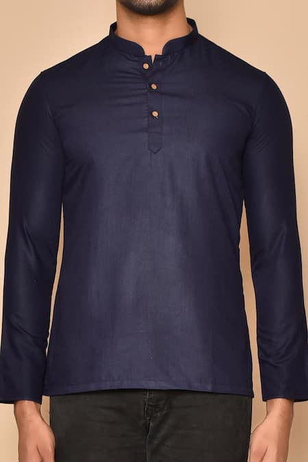 Arihant Rai Sinha Blue Cotton Straight Band Collar Short Kurta Online at Aza Fashions Arihant Rai Sinha_Blue Cotton Straight Band Collar Short Kurta _Online_at_Aza_Fashions