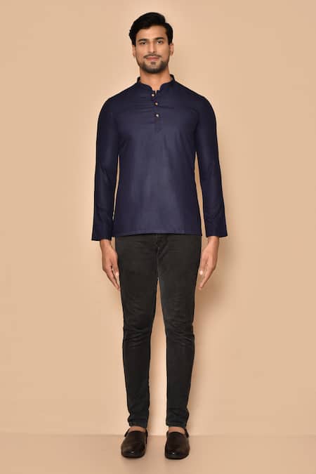 Buy Arihant Rai Sinha Blue Cotton Straight Band Collar Short Kurta Online at Aza Fashions Buy_Arihant Rai Sinha_Blue Cotton Straight Band Collar Short Kurta _Online_at_Aza_Fashions