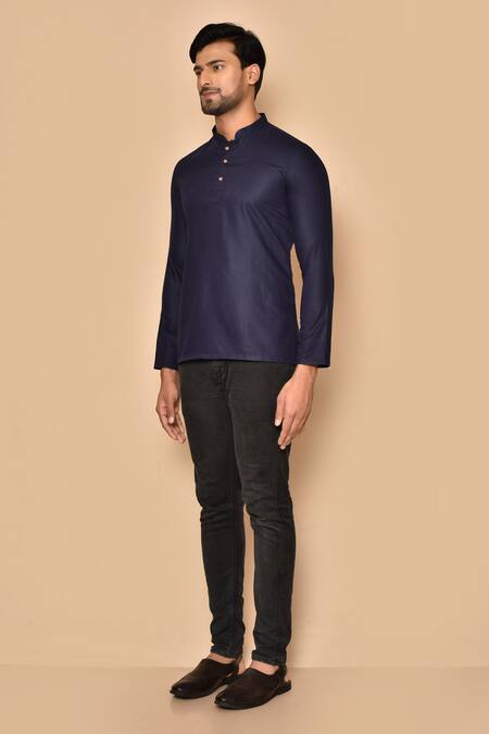 Shop Arihant Rai Sinha Blue Cotton Straight Band Collar Short Kurta Online at Aza Fashions Shop_Arihant Rai Sinha_Blue Cotton Straight Band Collar Short Kurta _Online_at_Aza_Fashions