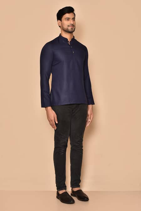 Arihant Rai Sinha Blue Cotton Straight Band Collar Short Kurta at Aza Fashions Arihant Rai Sinha_Blue Cotton Straight Band Collar Short Kurta _at_Aza_Fashions