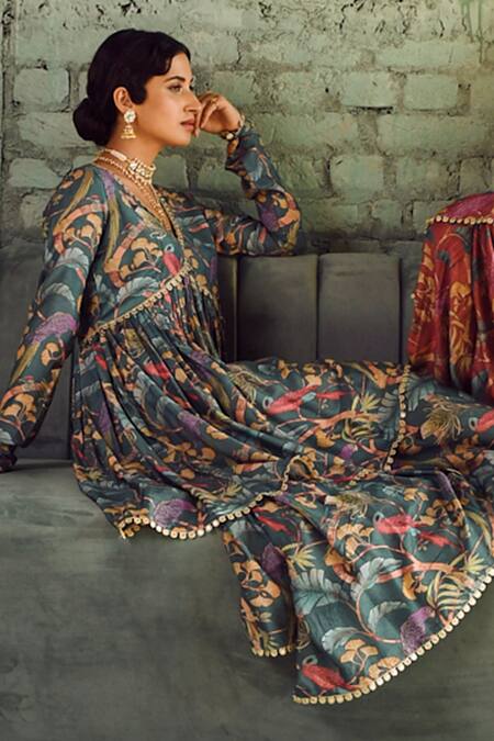 Karaj Jaipur_Grey Muslin, Chiffon Lace, Tassels Botanical Print Flared Kurta Sharara Set_at_Aza_Fashions