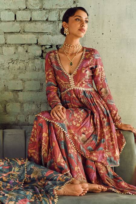 Karaj Jaipur_Maroon Muslin, Chiffon Lace, Tassels V-neck Botanical Print Flared Sharara Set_Online_at_Aza_Fashions