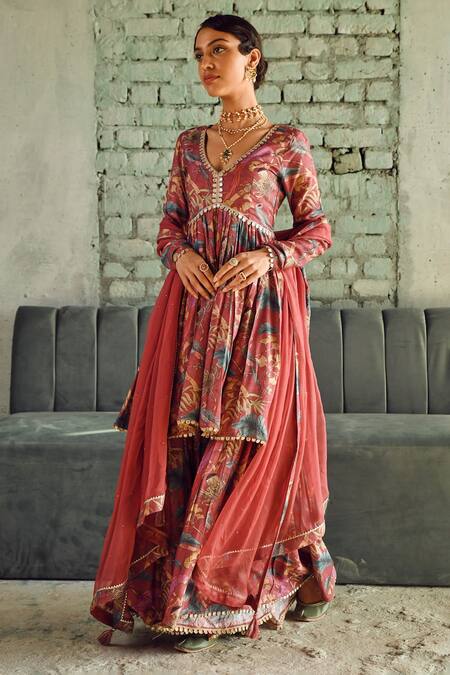 Buy_Karaj Jaipur_Maroon Muslin, Chiffon Lace, Tassels V-neck Botanical Print Flared Sharara Set_Online_at_Aza_Fashions