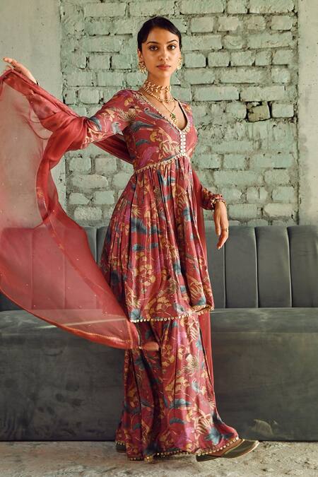 Shop_Karaj Jaipur_Maroon Muslin, Chiffon Lace, Tassels V-neck Botanical Print Flared Sharara Set_Online_at_Aza_Fashions