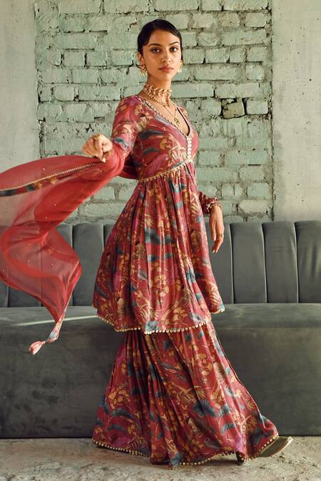 Karaj Jaipur_Maroon Muslin, Chiffon Lace, Tassels V-neck Botanical Print Flared Sharara Set_at_Aza_Fashions