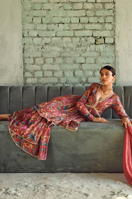 Shop_Karaj Jaipur_Maroon Muslin, Chiffon Lace, Tassels V-neck Botanical Print Flared Sharara Set
