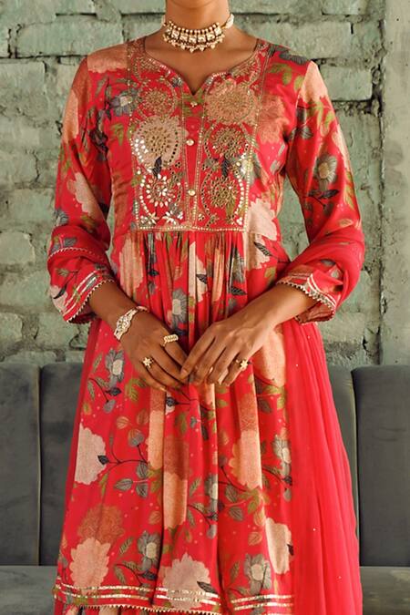 Buy Karaj Jaipur Pink Muslin, Chiffon Embroidery Split V-neck Floral Print Anarkali Sharara Set Online at Aza Fashions Buy_Karaj Jaipur_Pink Muslin, Chiffon Embroidery Split V-neck Floral Print Anarkali Sharara Set _Online_at_Aza_Fashions
