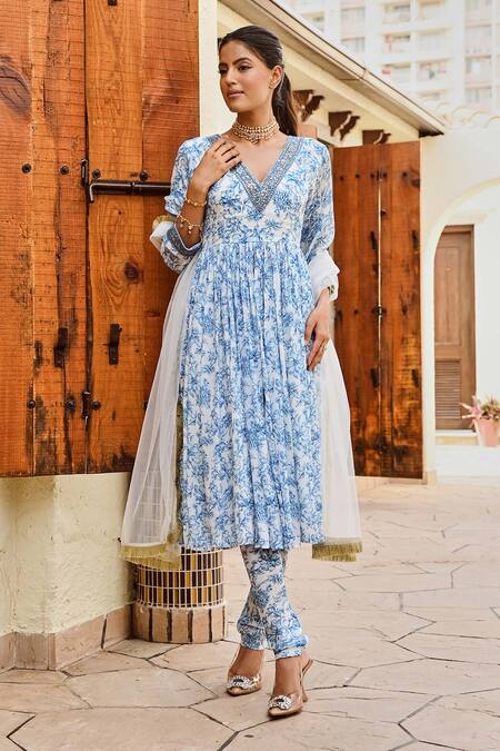 Shop Palak & Mehak Ivory Net, Crepe Embroidery, Sequins, Fringe Adah Floral Print Anarkali Set Online at Aza Fashions Shop_Palak & Mehak_Ivory Net, Crepe Embroidery, Sequins, Fringe Adah Floral Print Anarkali Set _Online_at_Aza_Fashions