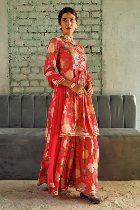 Shop Karaj Jaipur Pink Muslin, Chiffon Embroidery Split V-neck Floral Print Anarkali Sharara Set Online at Aza Fashions Shop_Karaj Jaipur_Pink Muslin, Chiffon Embroidery Split V-neck Floral Print Anarkali Sharara Set _Online_at_Aza_Fashions