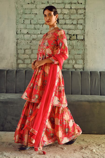Karaj Jaipur Pink Muslin, Chiffon Embroidery Split V-neck Floral Print Anarkali Sharara Set at Aza Fashions Karaj Jaipur_Pink Muslin, Chiffon Embroidery Split V-neck Floral Print Anarkali Sharara Set _at_Aza_Fashions